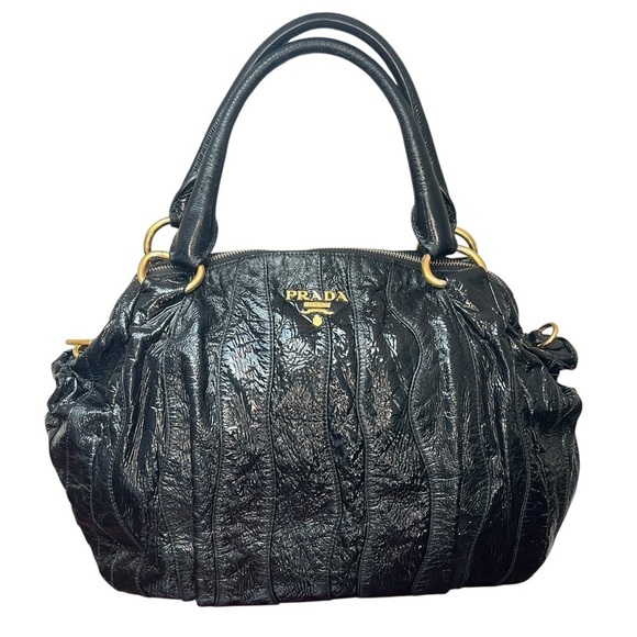 PRADA Vernice Waves Bag Black Patent Leather Gold Hardware Large 16” Authentic - Picture 1 of 13